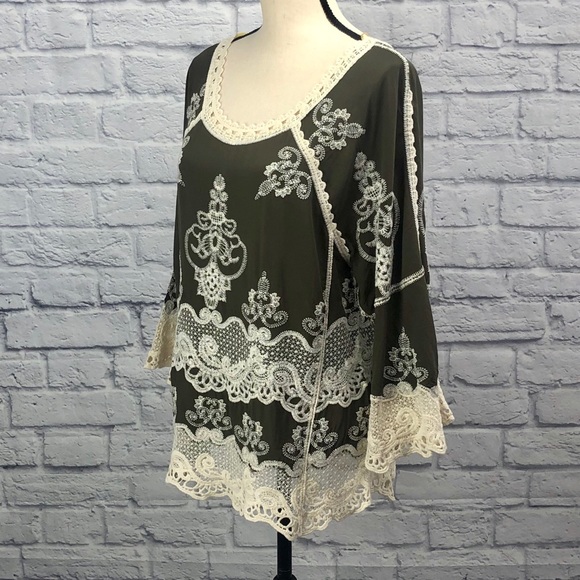 Democracy Embroidered Crochet Top in Olive Green - Picture 2 of 16